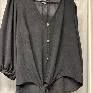 Black V-Neck Button Front Tie Hem Women's Top